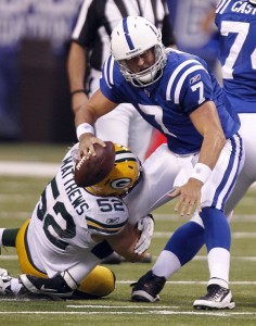 Green Bay Packers linebacker Clay Matthews sacks the Colts' Curtis Painter