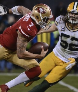 Colin Kaepernick ran for a quarterback-record 181 yards against the Packers in the playoffs.